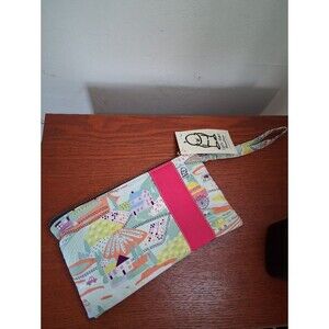Little Man Handbags Farm Village Print Fabric Wristlet with Pink Trim, Zipper